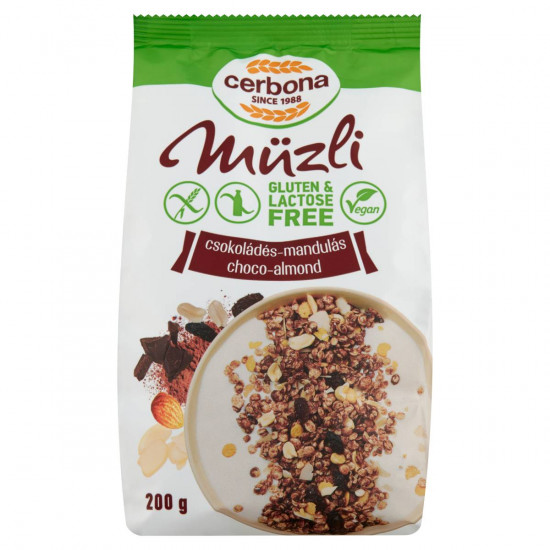 CERBONA GLUTÉNMENTES,LAKTÓZMENTES CSOKOLÁDÉS-MANDULÁS MÜZLI 200G