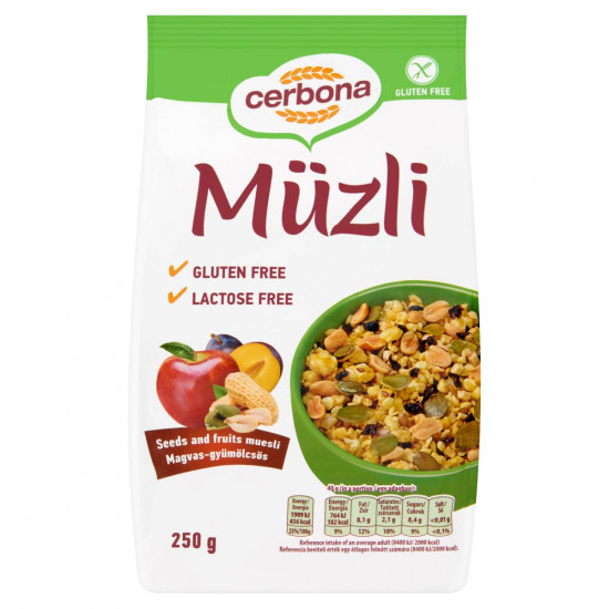 CERBONA GLUTÉNMENTES,LAKTÓZMENTES MAGVAS-GYÜMÖLCSÖS MÜZLI 200G