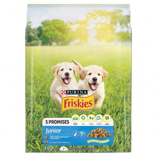 FRISKIES JUNIOR SZÁRAZ KUTYAELEDEL CSIRKÉVEL, ZÖLDSÉGEKKEL ÉS TEJJEL 3 KG FRISKIES JUNIOR SZÁRAZ KUTYAELEDEL CSIRKÉVEL, ZÖLDSÉGEKKEL ÉS TEJJEL 3 KG
