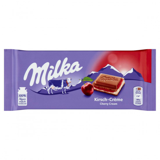 MILKA TEJCSOKOLÁDÉ MEGGY ÍZŰ TEJES KRÉMTÖLTELÉKKEL ÉS MEGGYES GYÜMÖLCSKRÉMMEL 100G