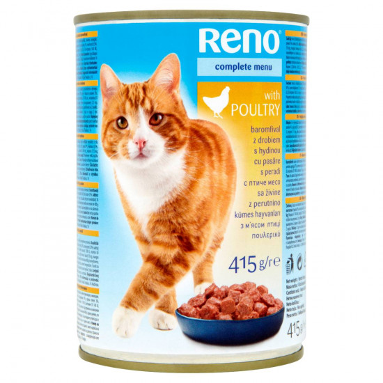 RENO KONZERV TELJES ÉRTÉKŰ ÁLLATELEDEL FELNŐTT MACSKÁK SZÁMÁRA CSIRKÉVEL 415G
